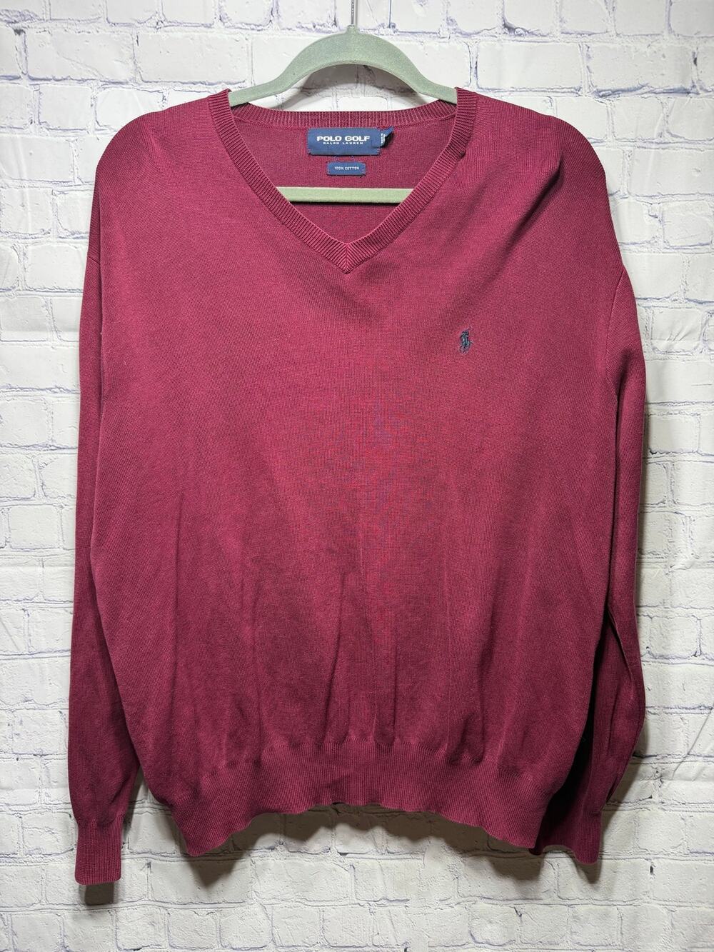 Polo Golf Ralph Lauren VTG Cotton V-Neck Sweater Deep Red Sz XL